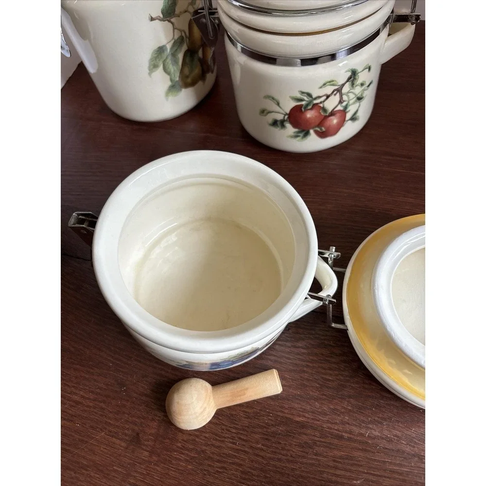 Vintage Ceramic Food Canister Set Pears Apples Grapes‎ With Wooden Spoons